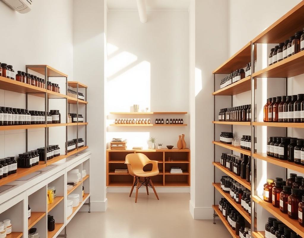 Sunlit Hanford Pharmacy interior with apothecary shelves